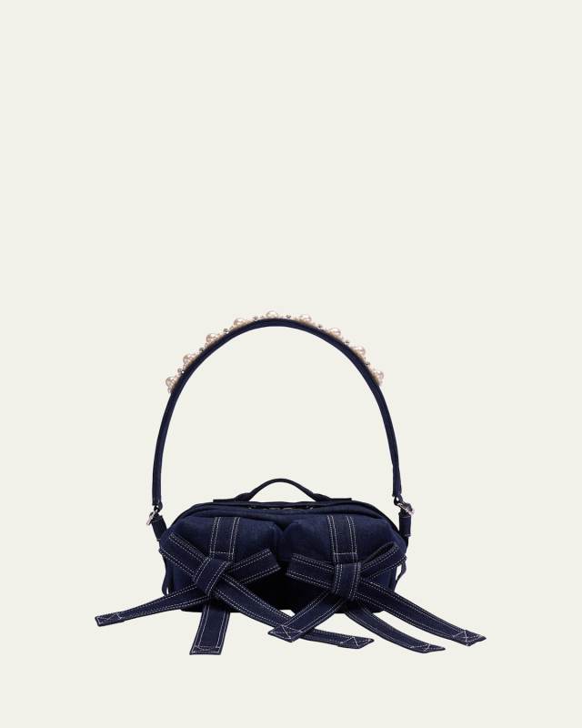 Classic Pearly-Embellished Bow Denim Crossbody Bag